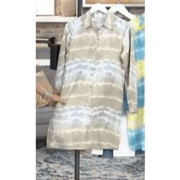 Susan Graver Womens 3X Printed Woven Button Front Duster Beige Side Slits NWT - Picture 1 of 4